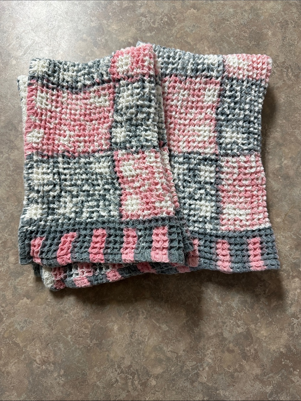 World market Pink, Gray & Cream Block Print Waffle Weave Hand Towel 2